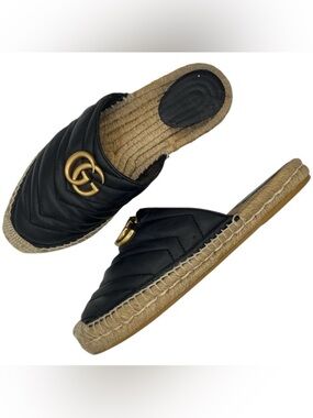 Gucci GG Marmont Black Matelassé Leather Espadrille Mules EU 37
